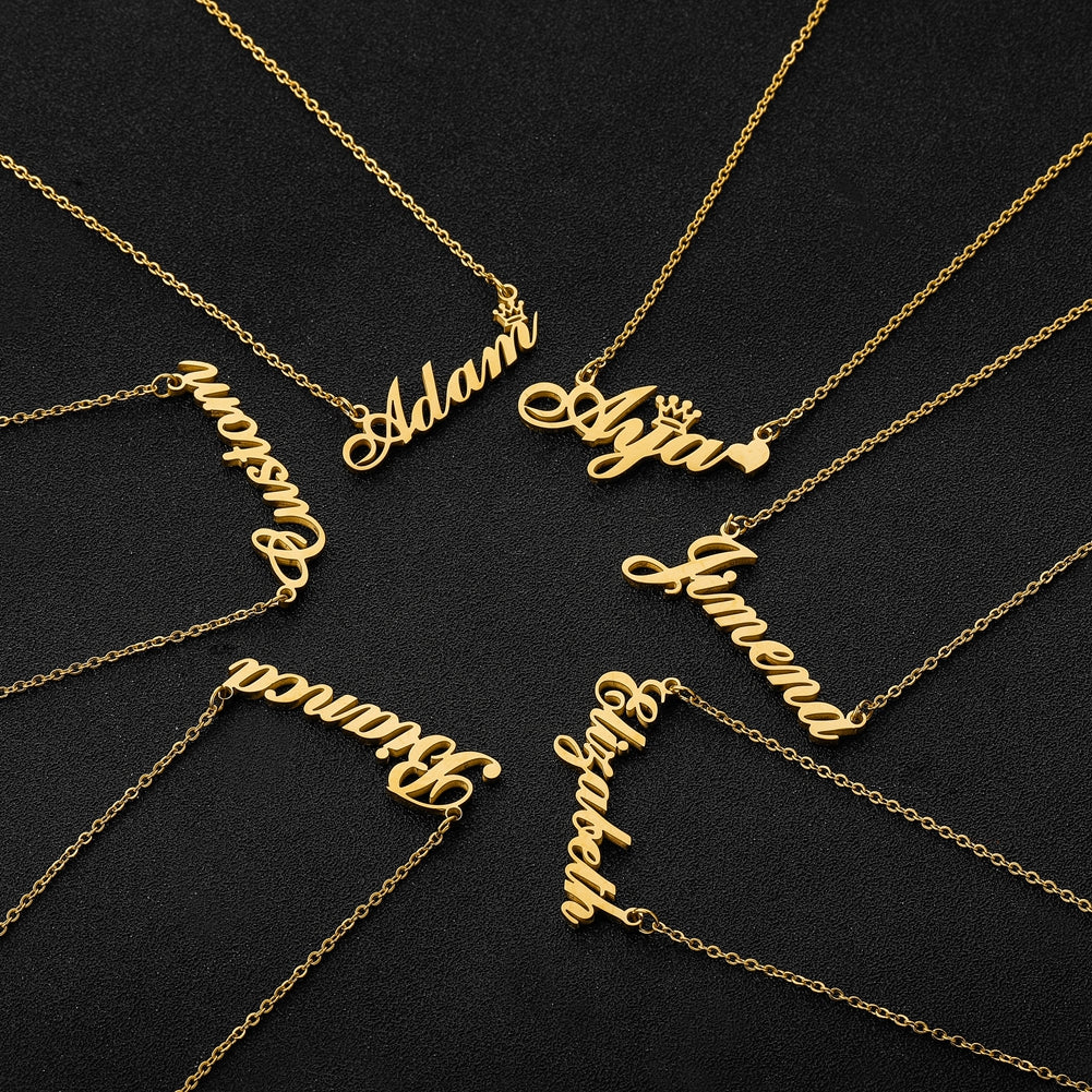 Custom Name Necklace Personalized, 14K Gold Plated Personalized Name Necklace Gold Rose Gold Silver Color Stainless Steel Name Plate Necklace for Women Girls Men, Customized Name Word Necklace